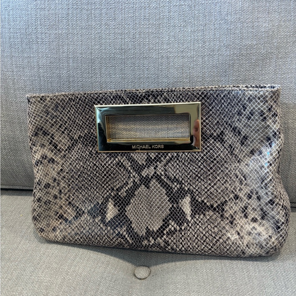 Michael Kors Snake-Print Clutch with Gold Hardware